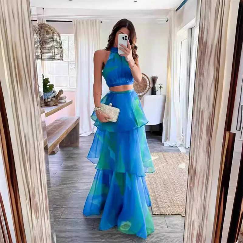 Runway Dresses Summer Slveless Temperament Slim Sets Elegant Pattern Print Outfits New Slveless Halter Crop Tops+High Waist Cake Skirt Suit