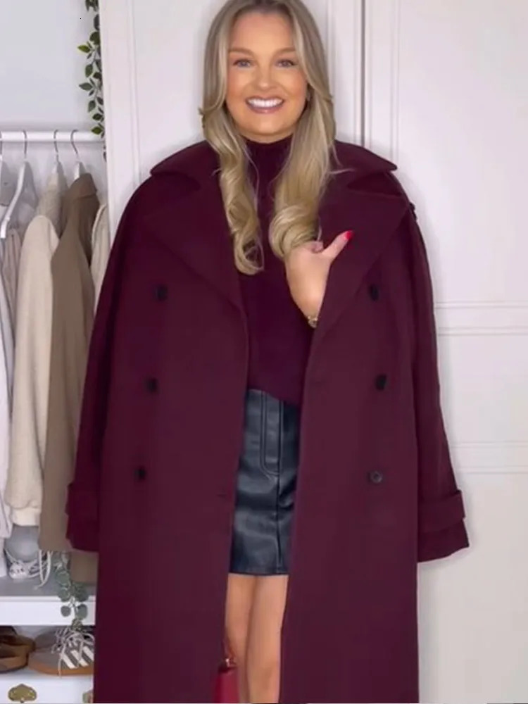 Womens Solid Turndown Collar Singlebreasted Coat Casual Long Sleeves Burgundy Women Fall Winter Office Lady Outerwear 241129
