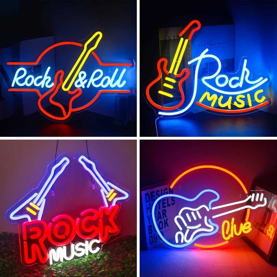 Rock Roll Neon Signs Guitar Music Led Neon Light Art Wall Decor for Game Room Music Party Rock Studio Bar Disco Party Neon Z241130