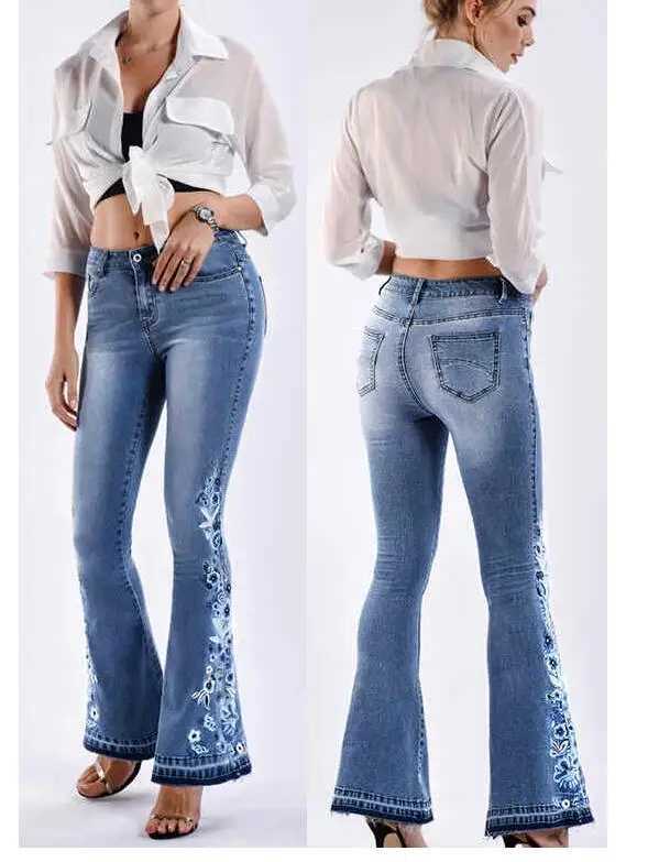 Women's Jeans Womens retro sparkling denim pants embroidered denim Trouser High Strt jeans elastic pleated hem pants H241130