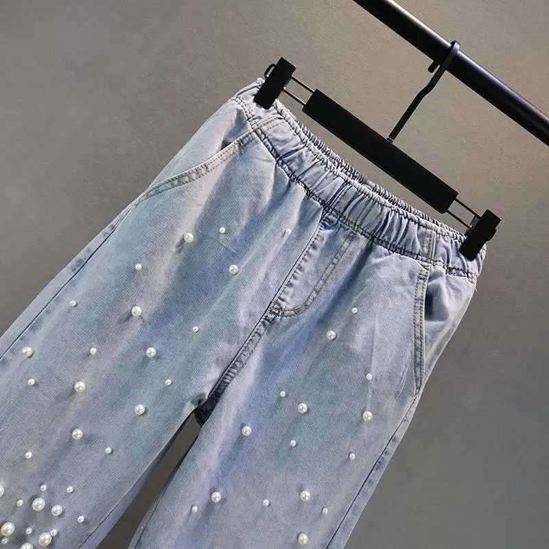 Women's Jeans Beaded denim harem pants for women in spring and summer pearl decoration elastic waist loose jeans fashion trend fully matched pant