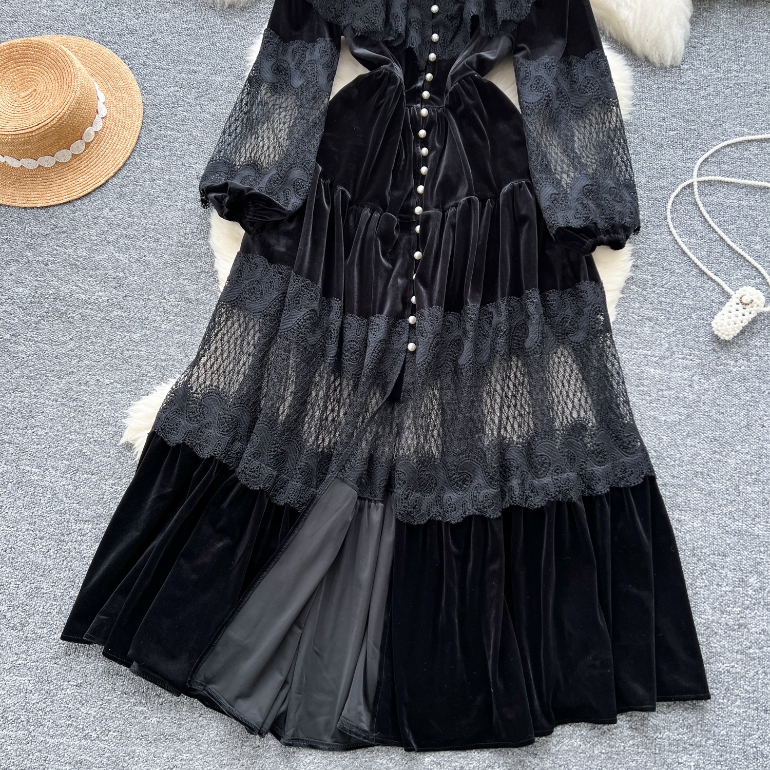 Casual Dresses French Vintage Lace Embroidery Patchwork Velvet Lantern Sleeve Maxi Dress Pearls Buttons Belt Lace Up Wedding Party Prom Vestido 2025