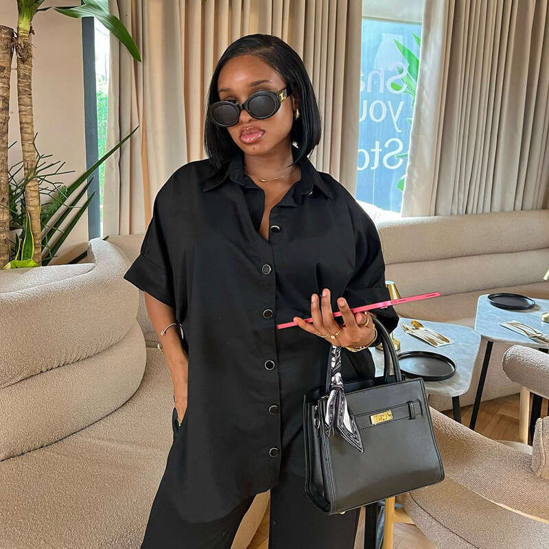 Fashion Spring/Summer New Casual Shirt Wide Leg Pants Two Piece Set European, American, African Style Women's Clothing