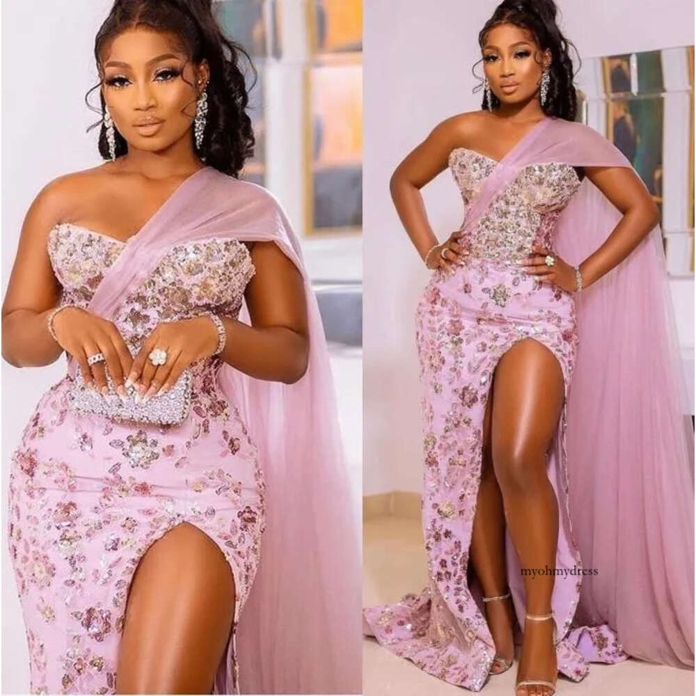 Arabic Aso Ebi Pink Lace Mermaid Prom Dresses 2022 One Shoulder Plus Size Sexy High Split Formal Evening Ocn Gowns Robe De Soiree 0431