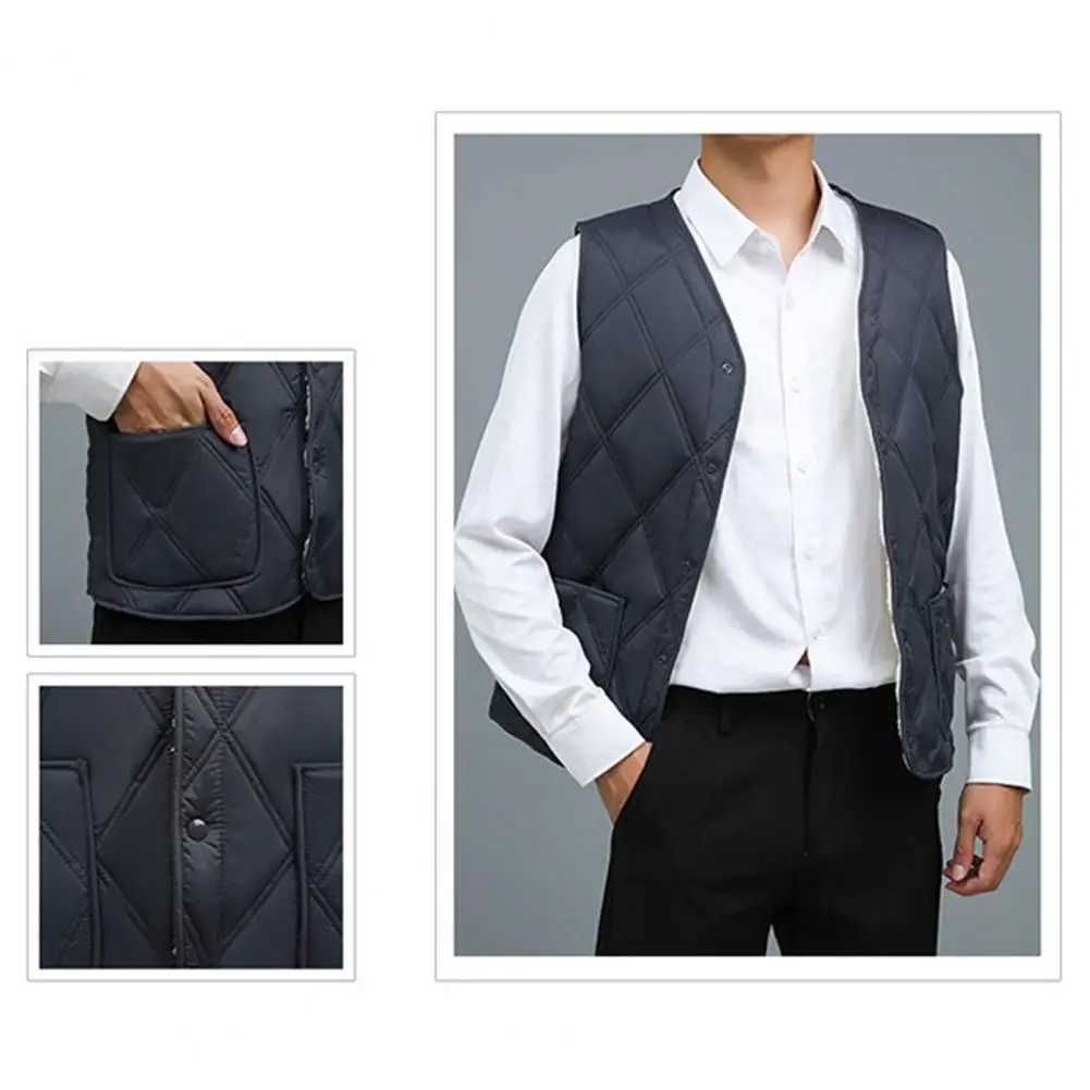 Men's Down Parkas Men Quilted Vest Stylish Mens Velvet Quilted Waistcoat with Plush Lining V-neck Single-breasted Winter Vest for Cold Weather z2