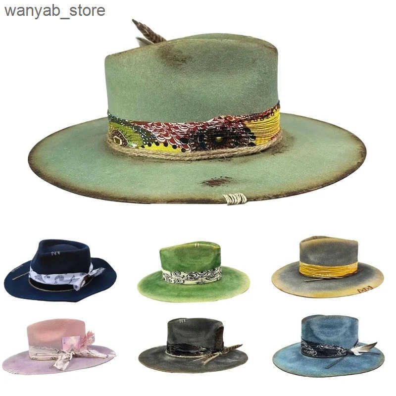 Wide Brim Hats Bucket Hats Vintage Ethnic Wool Wide Brim Hat with Distressed Look Fashion Forward and Versatile for Adults L240910