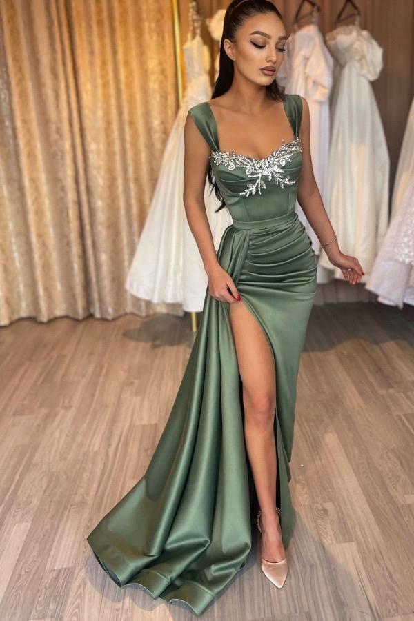 Olive Green Split Evening Dresses Women 2024 New Off Shoulder Cap Sleeve Pleats satin Long Party Occasion Gowns Teens Graduation Prom Dress BC18726