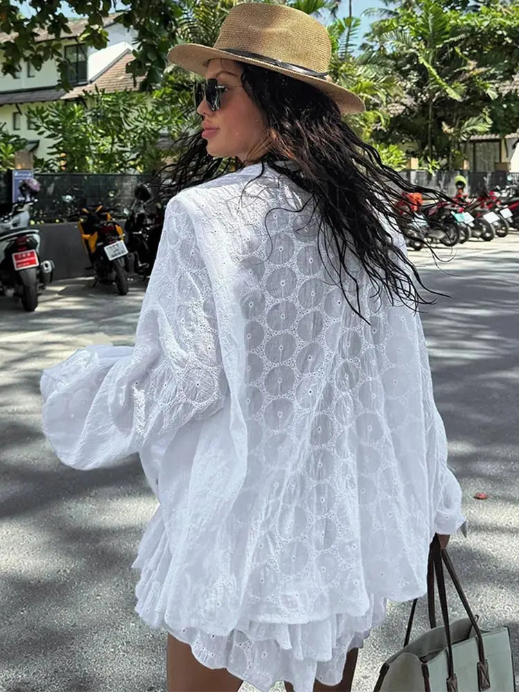 White Long Sleeved Shirt Jacket Shorts Sets Summer Female Stand Collar Single Breasted Suits Casual Vacation Casual Beachwear 240420