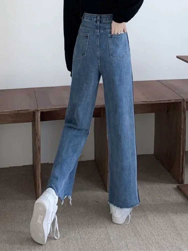 Women's Jeans Ankle Length New High Waist Side Stripe Straight Jeans Womens Baggy Big Size 5XL Wide Leg Jeans Spring from South Korea H241130