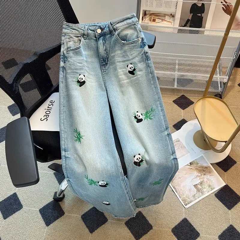 Women's Jeans Embroidered Panda Straight Jeans Female Summer High Waist Design Sense Casual Fashion Temperment Ultra Thin Wide Leg Pants H241130