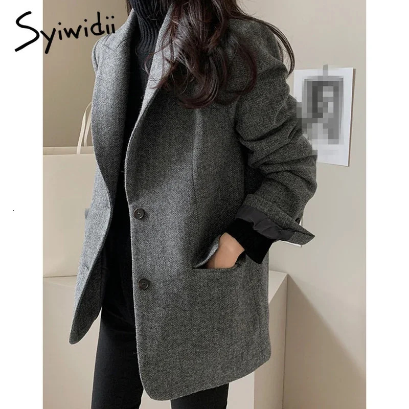 Syiwidii Womens Elegant Woolen Blazer Coat Causal Lapel Pockets Single Breasted Coats Autumn Winter Fashion Commut Lady Outwear 241121