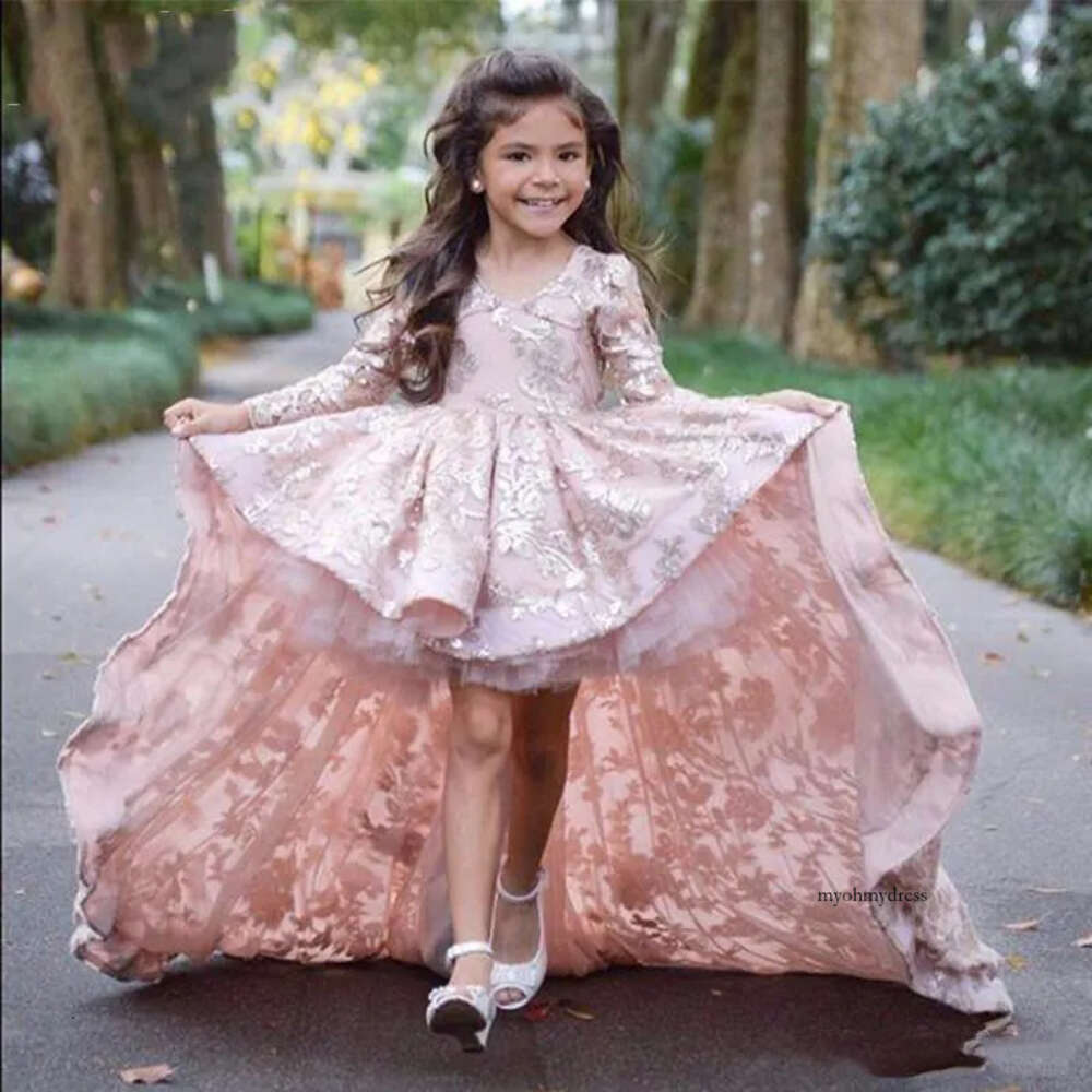 Lace Real Photo Flower Girl With Full Sleeves Front Short Long Back Prom Dress Kids Beauty Pageant Dresses For Little Girls 0431