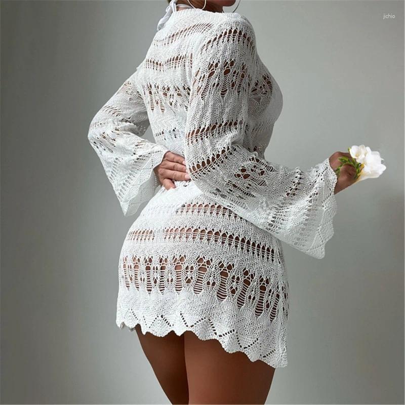 Hollow Out Crochet Beach Wrap Dress Long Sleeve Swimsuit Women Bathing Suit Coverup For Parties