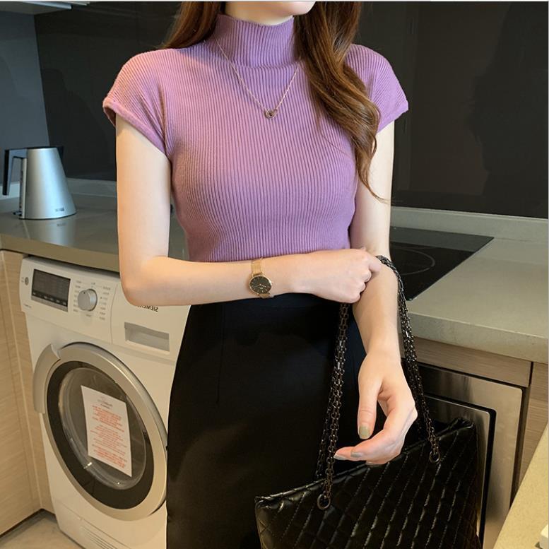 New semi high neck women's sleeve knitted shirt short slim fit top paired with tight designer trendy sweater