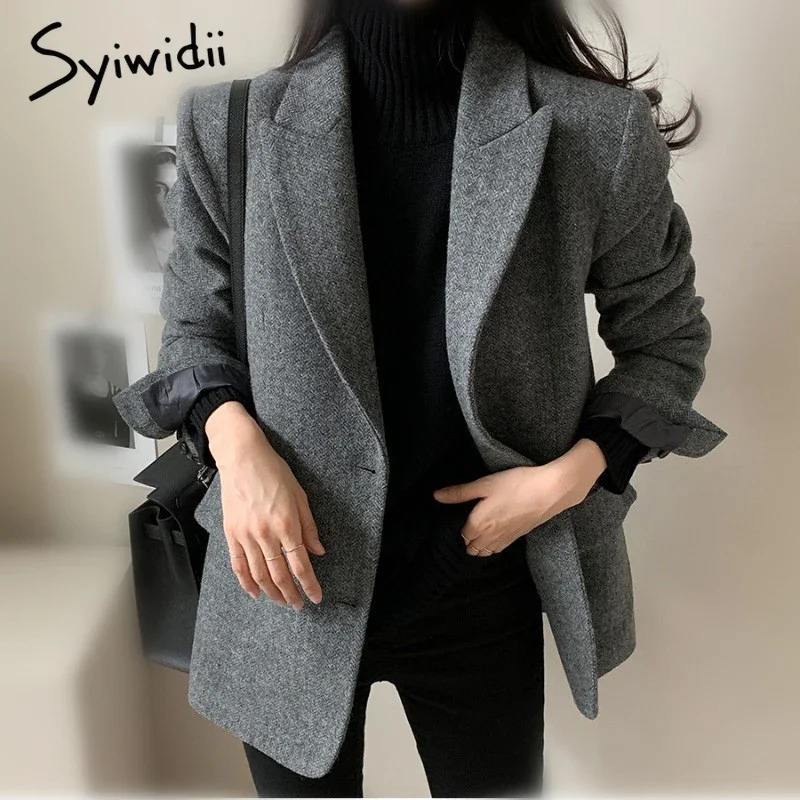 Syiwidii Womens Elegant Woolen Blazer Coat Causal Lapel Pockets Single Breasted Coats Autumn Winter Fashion Commut Lady Outwear 241121