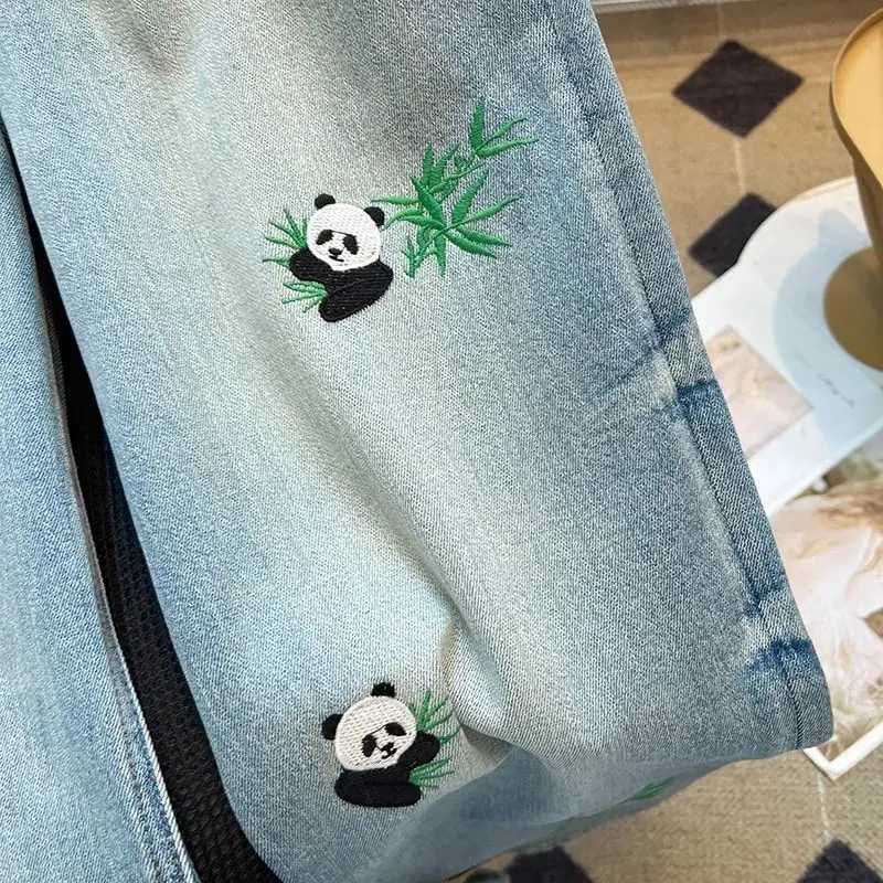 Women's Jeans Embroidered Panda Straight Jeans Female Summer High Waist Design Sense Casual Fashion Temperment Ultra Thin Wide Leg Pants H241130