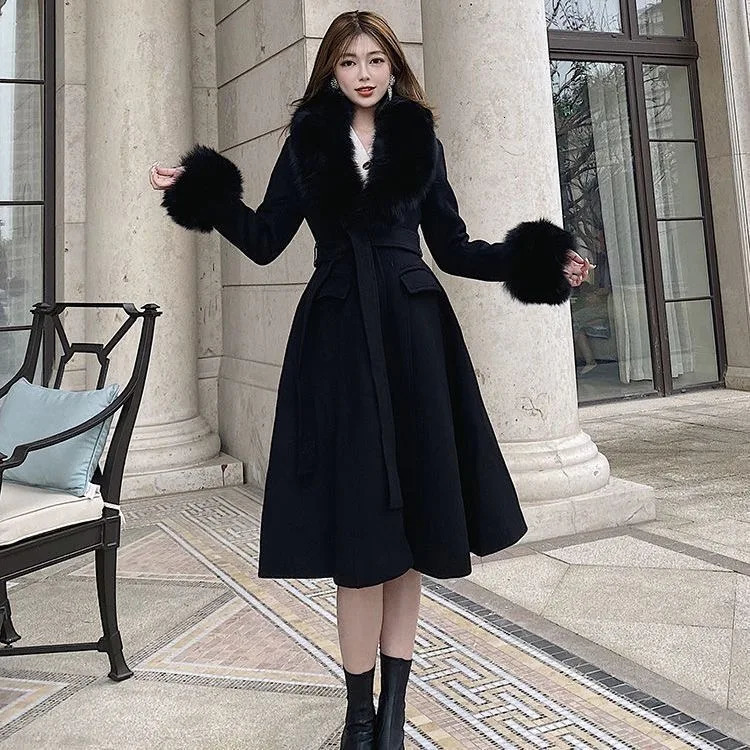 LOLIBOOK Women Winter Warm Cotton Overcoats Big Fur Collar Aline Slim Woolen Coats France Fashion Hepburn Thick Faux 241129