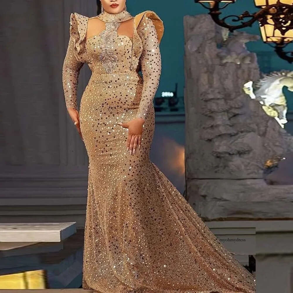 Gillter Gold Sequined Mermaid Prom Dresses 2023 Aso Ebi Arabia Long Sleeves Robe De Soiree Sparkly Women Party Dress Sweep Train 0431