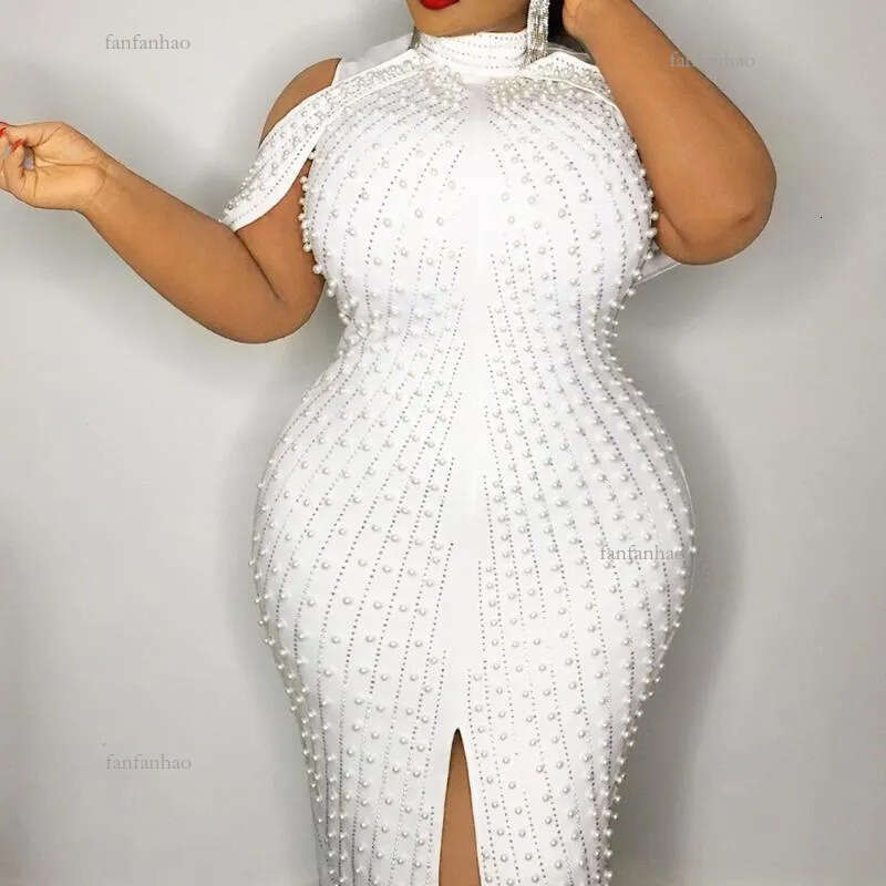 Beading White Plus Size Bodycon Dress 5xl 2021 Party Dinner Club Midi Dresses Elegant Split Female Evening Vestidos