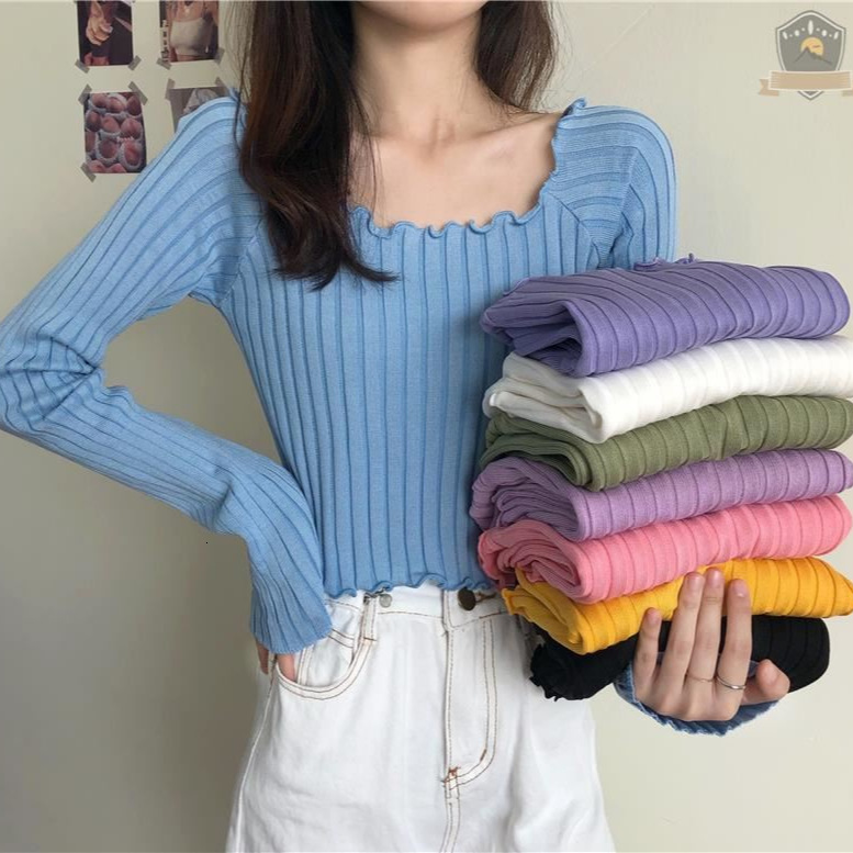 New mushroom edged slim fit single shoulder exposed navel women's T-shirt short sleeved sweater long sleeved top designer sweater