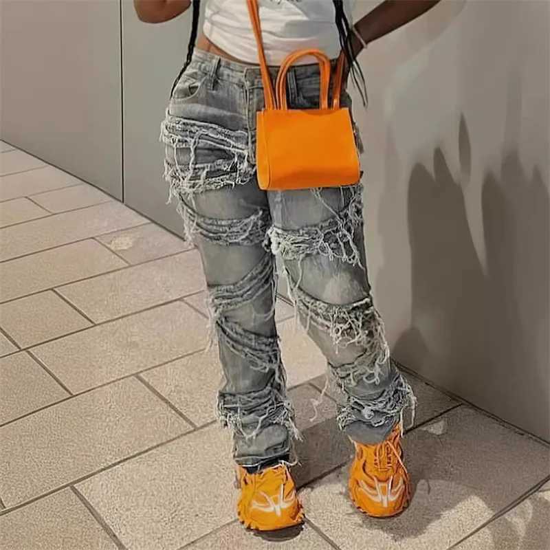 Women's Jeans Y2K clothing T-shirts jeans fringe pants womens 2024 casual high waisted design denim blue fashion luggage design mens pants H24113