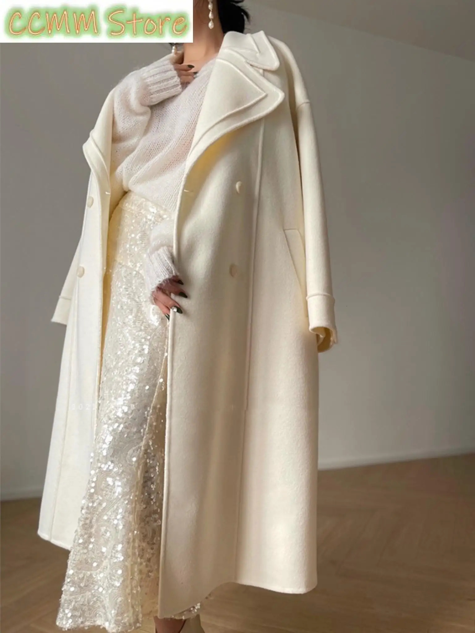 Women Fashion Elegant Quality Woolen Coat Winter Warm Solid Lapel Overcoat With Belt Female Autumn Outerwear Mujers Cloak 241129