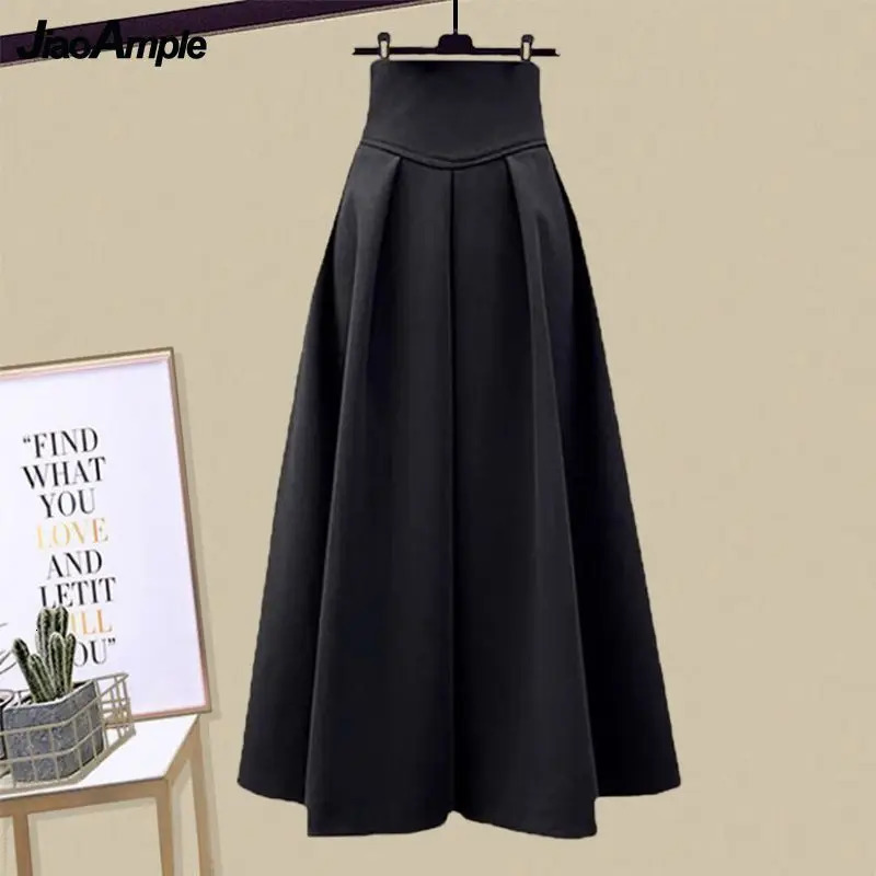 Women AutumnWinter Loose SweaterHigh Waist Midi Skirt 2Piece Suit Korean Chic Long Sleeve Knit Hoodie Dress Matching Set 241129