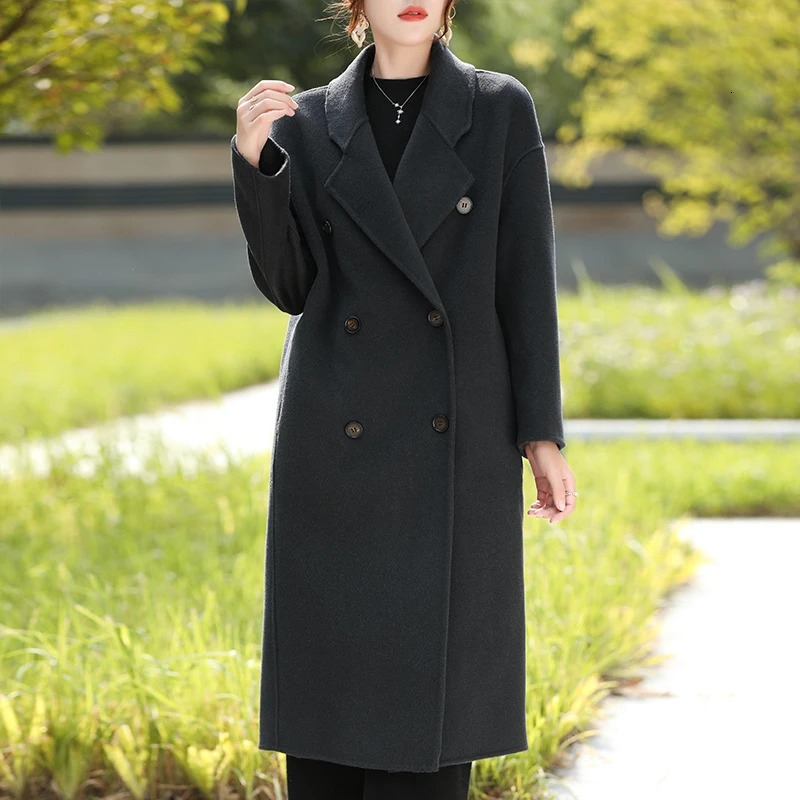 Autumn and Winter HighEnd DoubleBreasted Coat Womens Long Loose Overknee 100Wool Korean Style Versatile Trench 241129