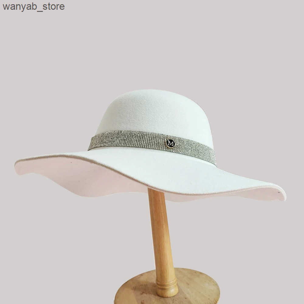 Wide Brim Hats Bucket Hats Elegant Ladies Rhinestone Fedora Hat Dome Hepburn Style Party Wedding Cap Felt Hat Womens Church Hat Large Brim Bucket Hat 