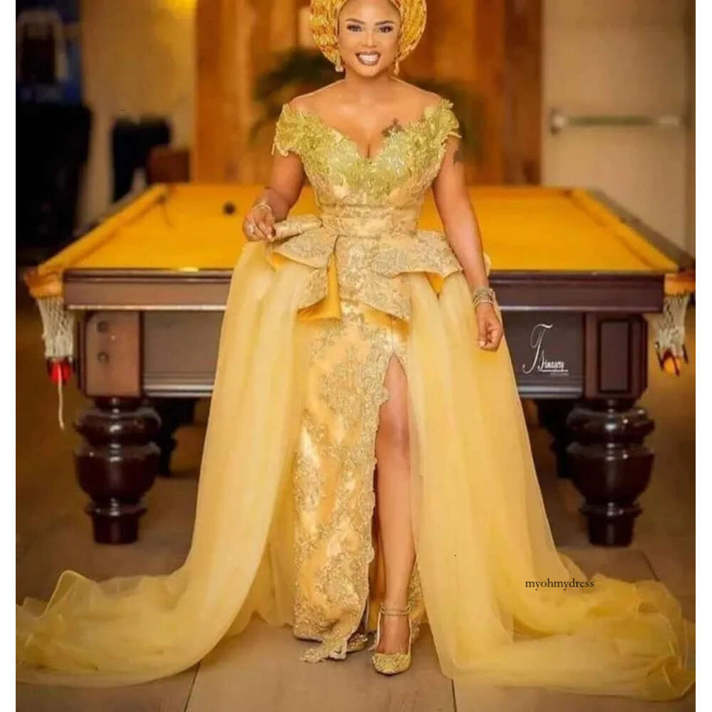 Gold Arabic Evening Dresses Dubai 2024 Traditional Nigerial Off Shoulder Lace Tulle Prom Gowns Vestidos De Fiesta 0431