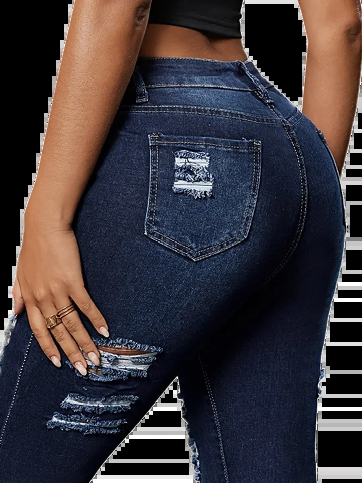 Womens skinny ripped stretch jeans elegant distressed slim fit trousers with diagonal pockets small feet blue washed 241121