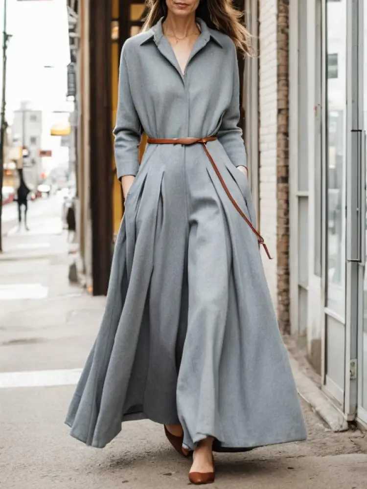 Women's Pants Capris Lemongor British Style Long Slves Pleated Lapel Wide Leg Jumpsuits 2023 New Women Spring Autumn Casual Going Out Jump Suits 