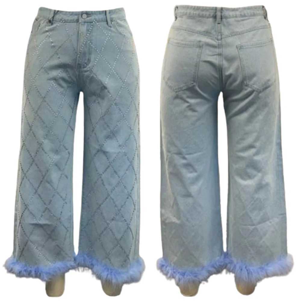 Women's Jeans Fashion womens denim pants plus size daily jeans light blue denim high waist diamond straight leg feather jeans ankle pants H241130