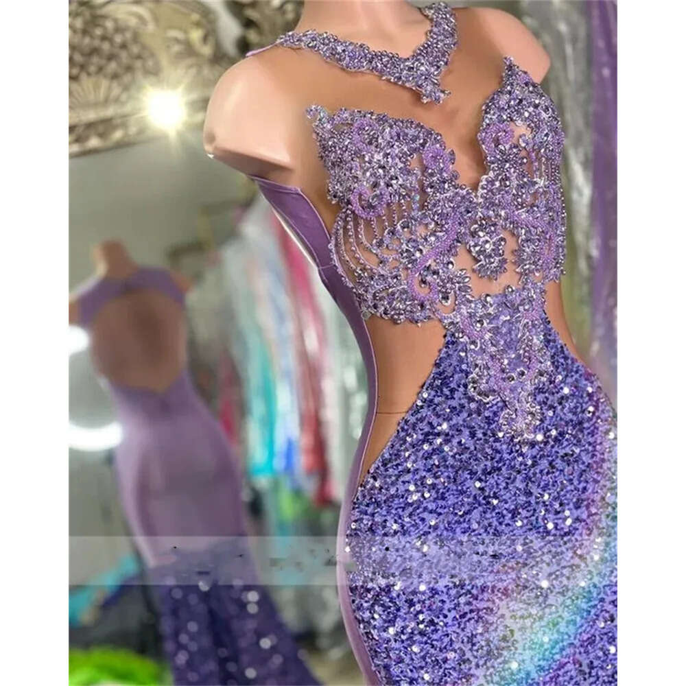 Diamonds New Prom Purple Mermaid Dresses For Black Girls Bead Crystal Rhinestones Gown Birthday Party Gowns S S