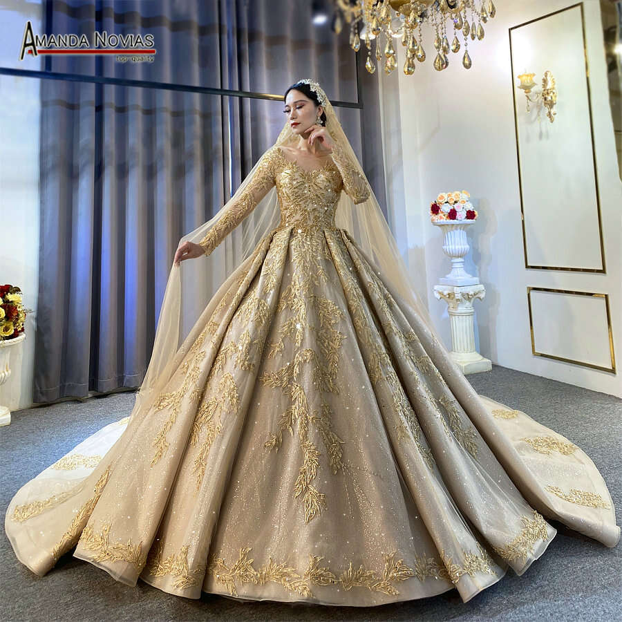 Custom Sleeves Champagne Ball Gown Wedding Dress With Long Train