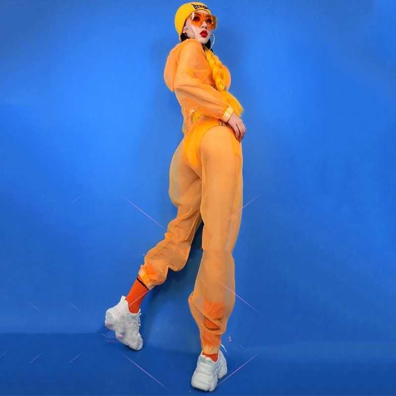 Women's Swimwear Hip Hop Performance Come Female Nightclub Bar Dj Bikini Fluorescent S-Through Hoodie Jazz Dance Dress DNV13591 H241130