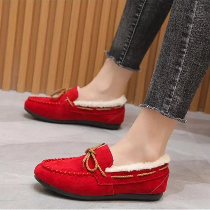 Winter Shoe Casual Flat Shoes Moccasins Soft Loafers Fashion Comfort Warm Plush Bow Slip on Female Cotton 241126