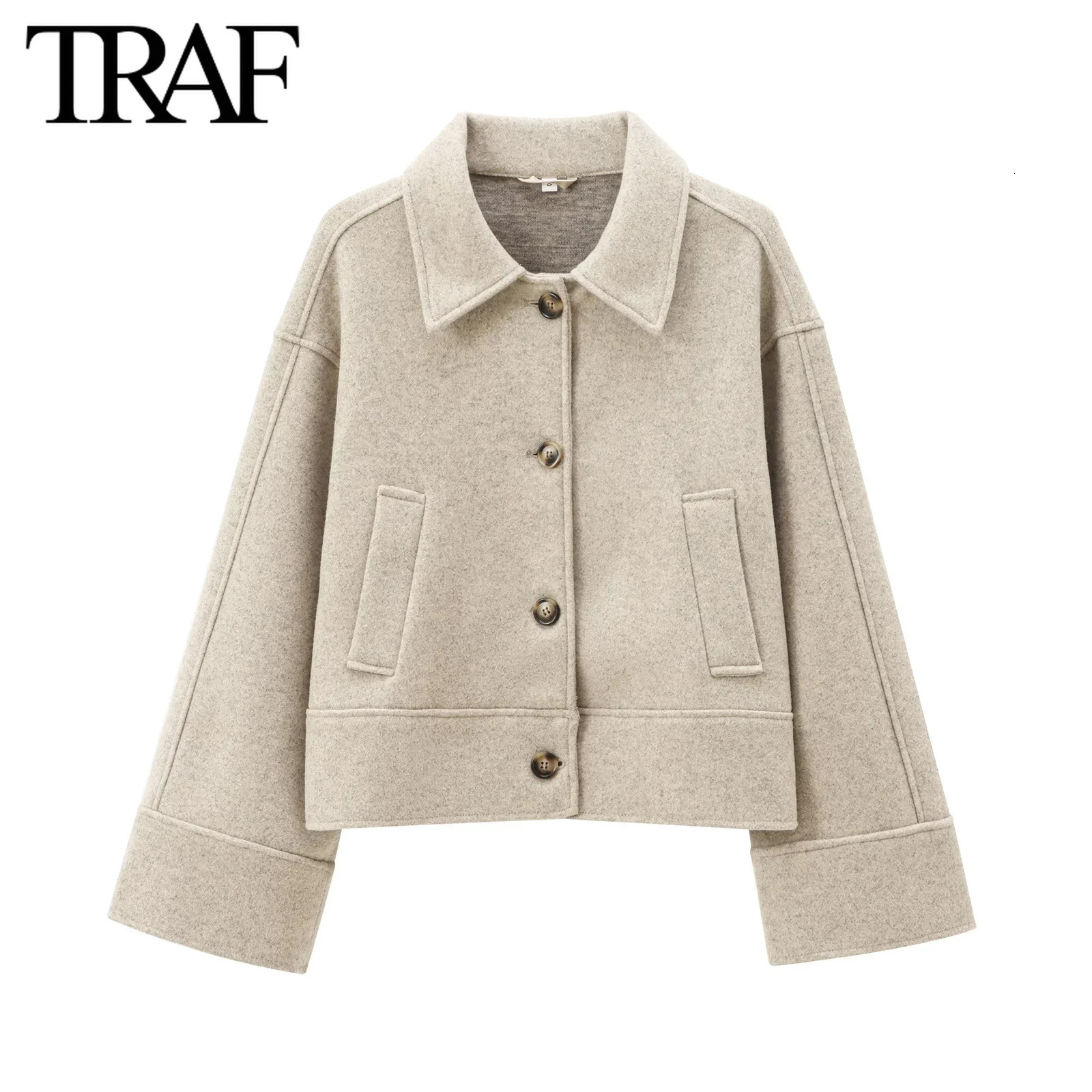 TRAF Women Fashion Autumn Winter Pocket Loose Coat Jacket Long Sleeved Single Breasted Lapel Coats Chic Ladies Tops Mujer 241121