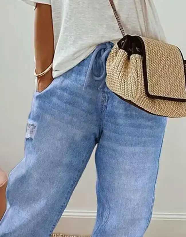 Women's Jeans Womens cropped jeans fashion pocket design Drawstring Versatile womens casual denim jeans Strtwear spring/summer clothing H241130