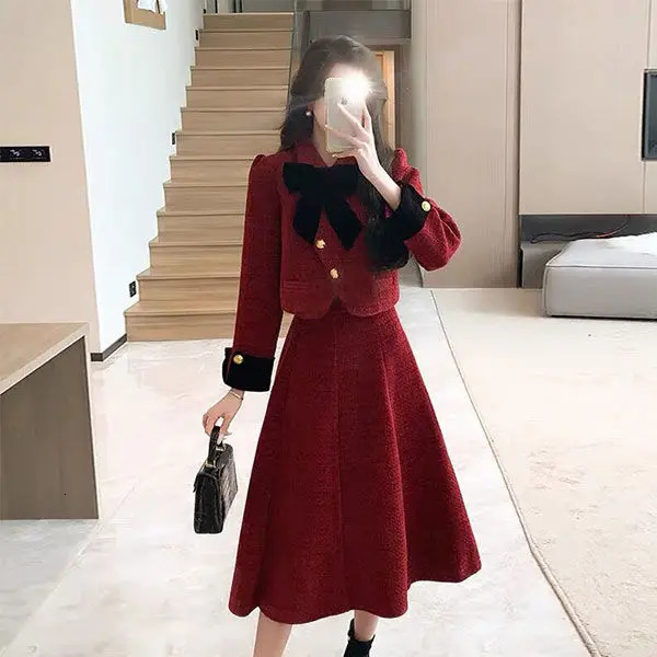 Spring Korean Style Bow Short Coat Women Clothing Aline Midi Skirt Set High End Commuting Black Two Piece Outfits 241129