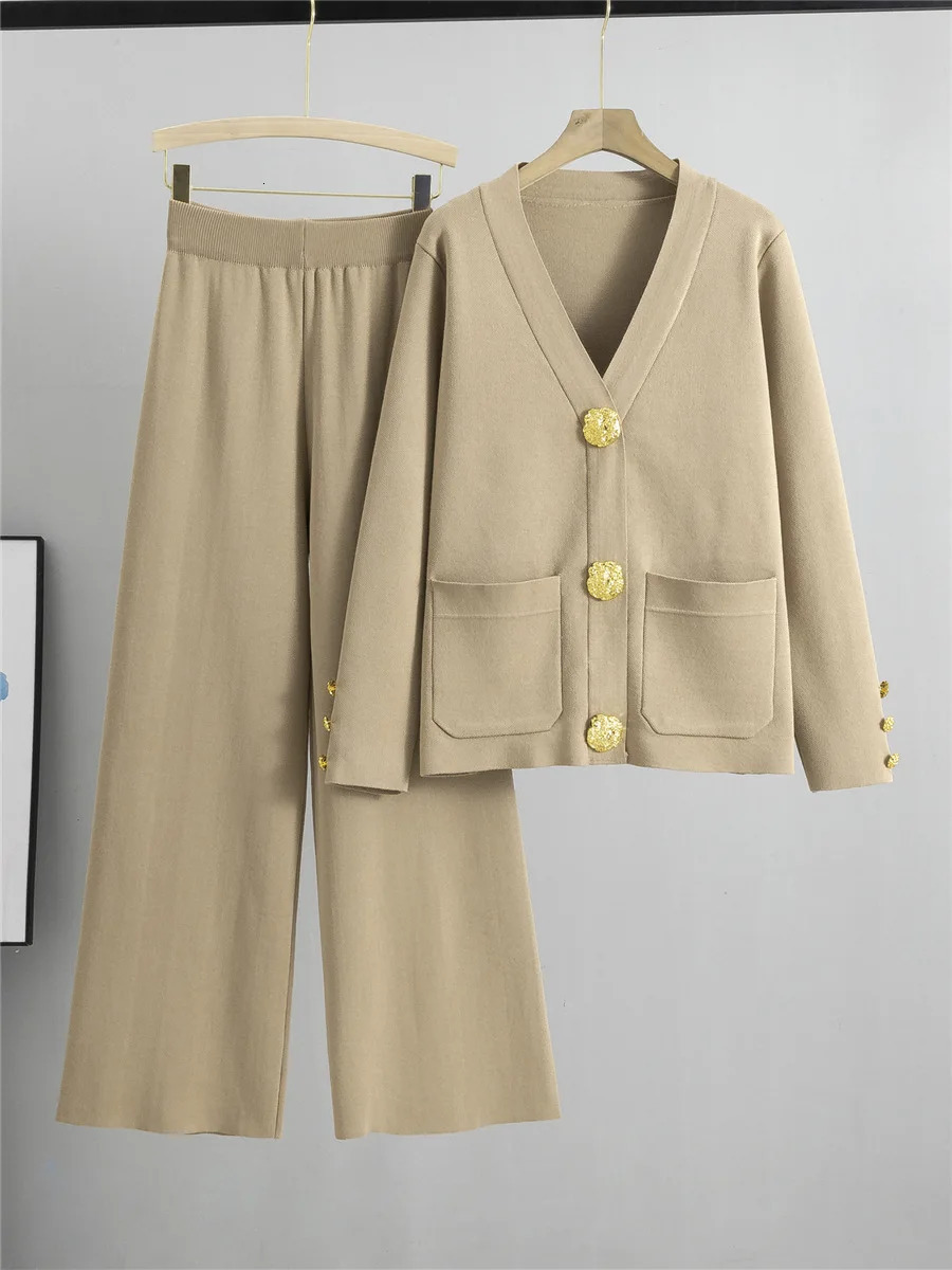Fall Winter Womens Knit Sweater Sets Large Gold Button Vneck Cardigan Coats Conjunto High Waist Baggy Wide Leg Pants Suits 241129