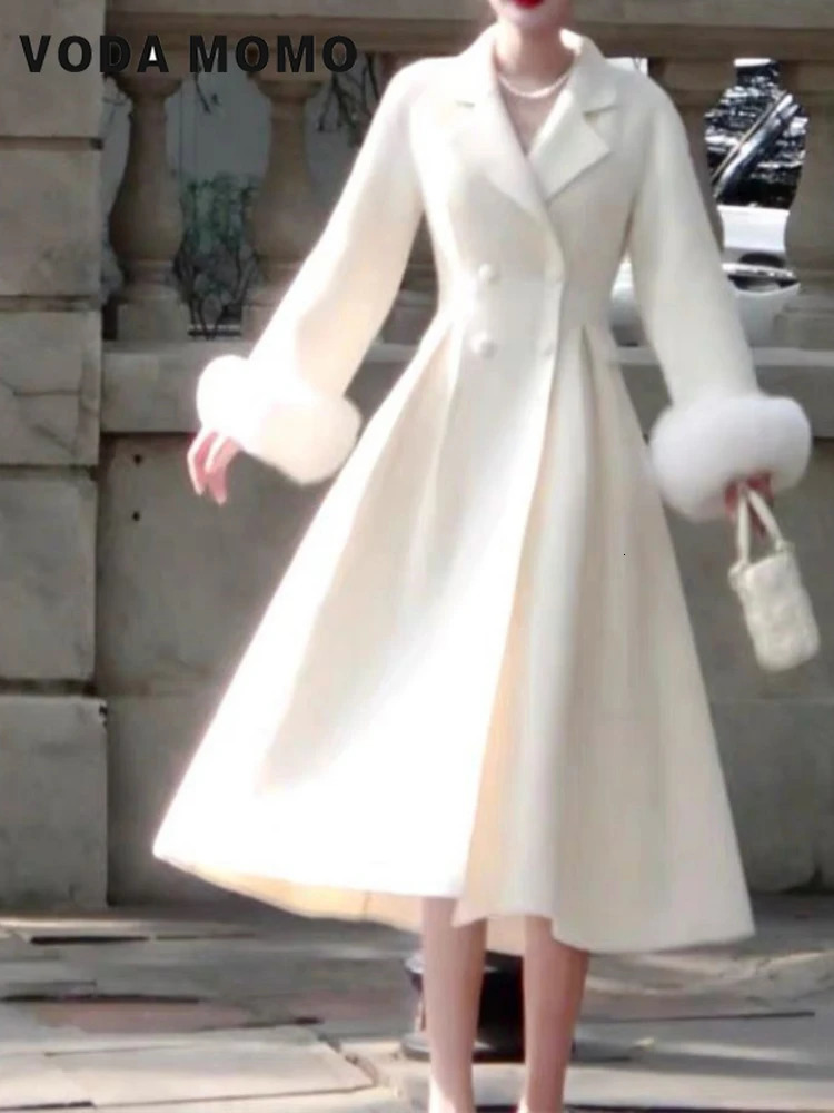 Women Winter Outerwear Clothes Warm Detachable cuff hair Wool Overcoat lady Elegant Casual Woolen Coat Retro Solid Chic 2024 241129