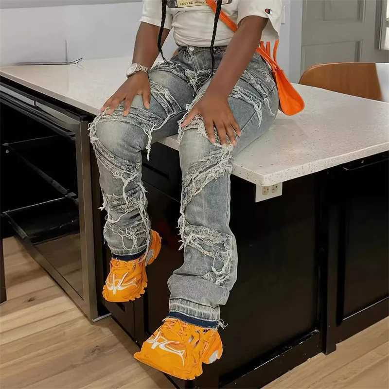 Women's Jeans Y2K clothing T-shirts jeans fringe pants womens 2024 casual high waisted design denim blue fashion luggage design mens pants H24113