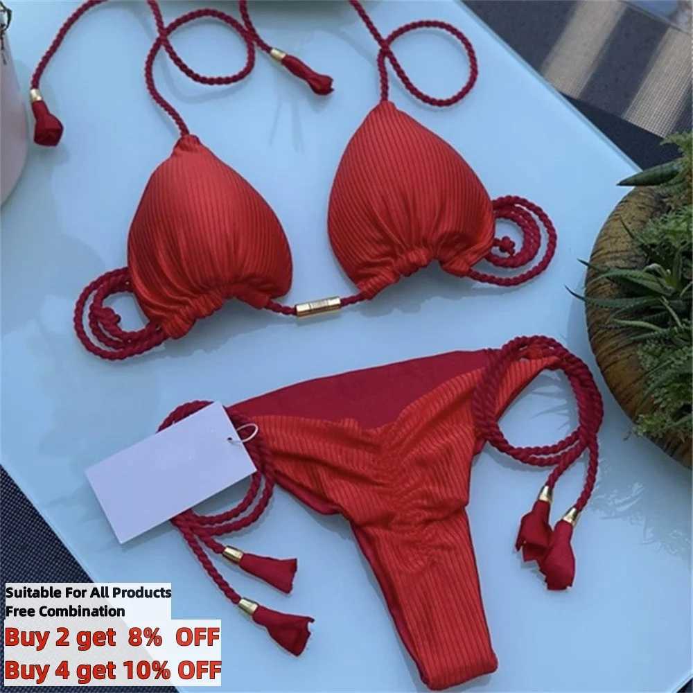 Women's Swimwear Solid Color Crinkled Bikini Set Hand Woven Rope Swimwear S-XL Womens Rear Tie Fastening Swimsuit Two Piece Bathing Suit H241130