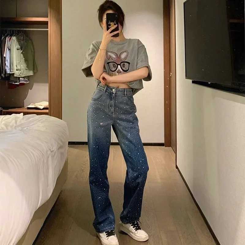 Women's Jeans Fashion Embroidered Diamond Pocket Jeans Womens High Waist Wide Leg T-shirt Womens Casual Jeans A140 H241130