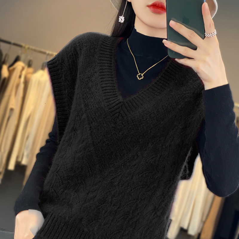 Women V-Neck Solid Color Pullover Warm Loose Knit Vest For Autumn Winter 100% Merino Wool Sweater