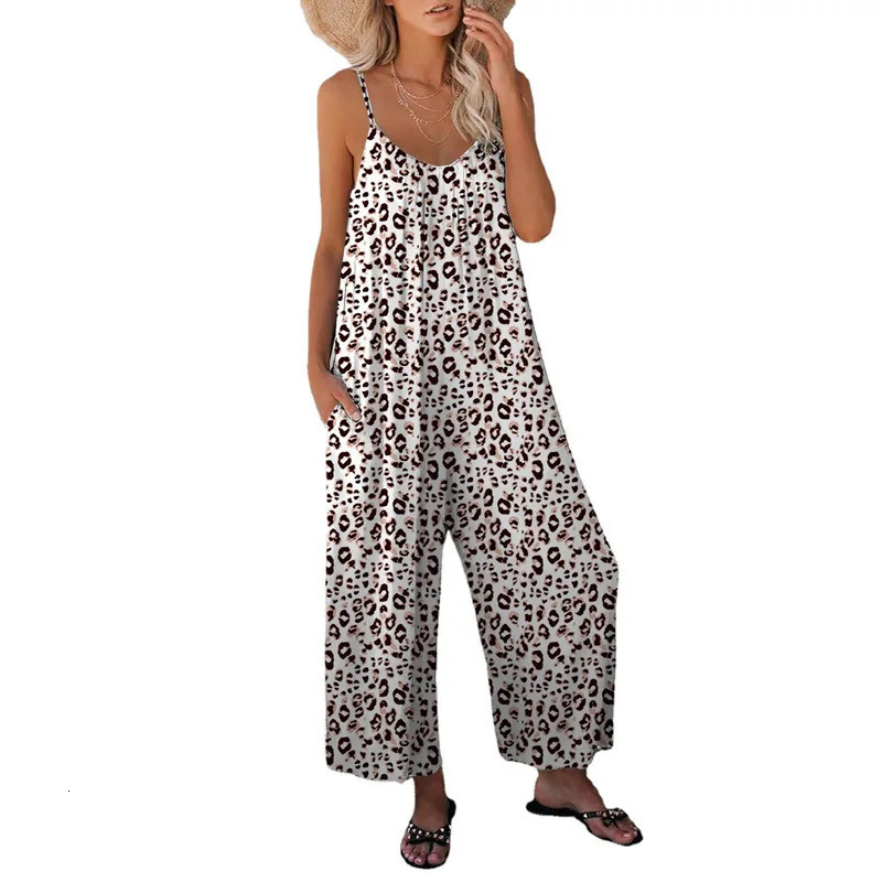 2023 Summer Womens Pants Cross Border Leopard Pattern Pocket Loose Casual Strap Jumpsuit 241120