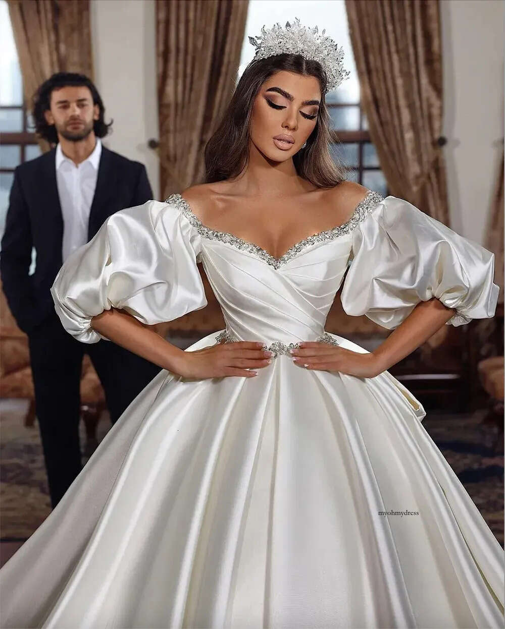 Cheap A-Line Dresses Elegant Off-Shoulder Beading Satin Wedding Ruched Custom Made Sweep Train Bridal Gown 0431