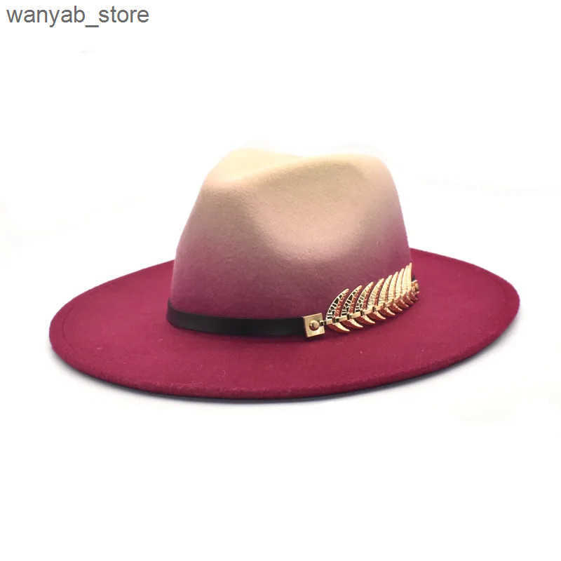 Wide Brim Hats Bucket Hats NEW gradient Wide Brim Wool Felt Jazz Fedora Hats Leaf BuckleBritish style Trilby Party Formal Panama Cap Dress Hat Winter 