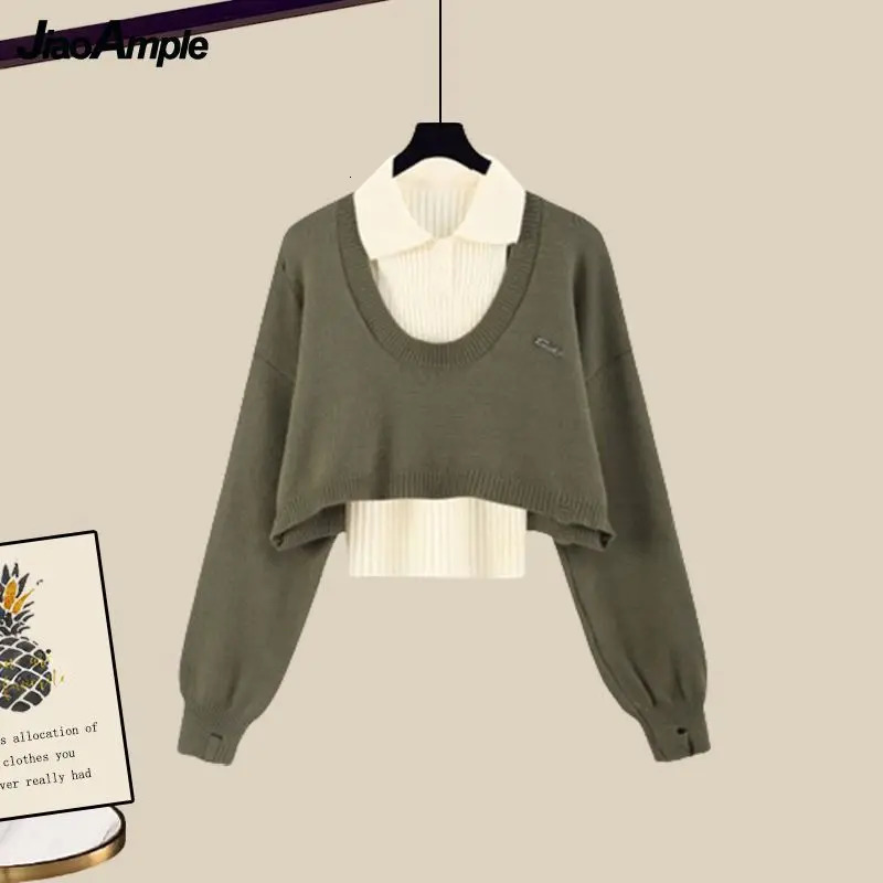 Women Autumn Winter Vintage Knit SweaterVestDenim Midi Skirt 3piece Suit 2024 Korean Elegant Pullover Dress Matching Set 241129